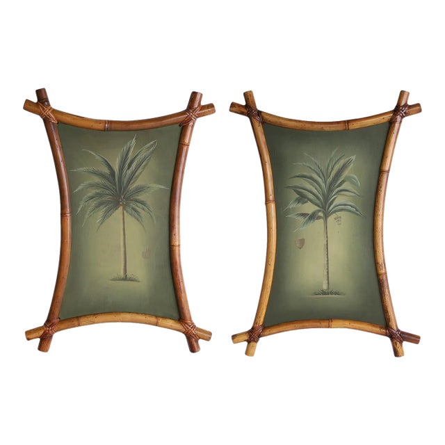 Pair of Vintage Palm Tree Paintings in Bamboo Frames For Sale