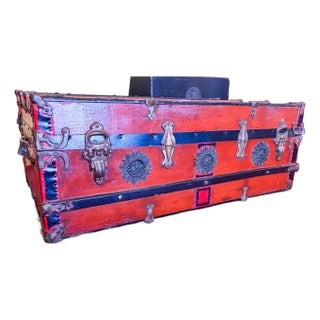Flat Top Antique Cedar Trunk With Brass Hardware For Sale