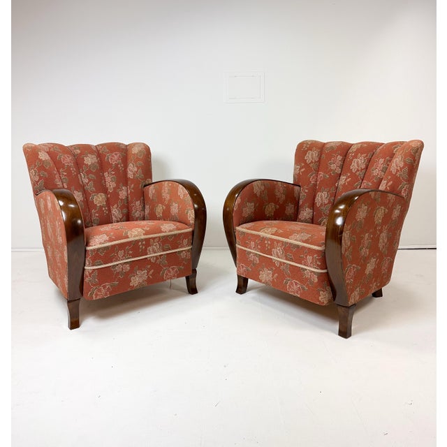 Art Deco Swedish lounge chairs. Manufactured in the 1930's - 1940's. Bentwood stained Mahogany wood arms. Original...
