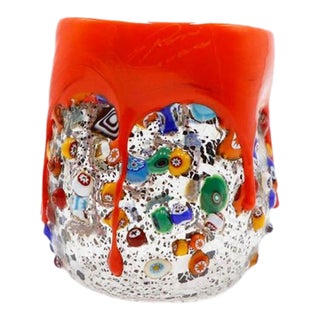 Millefiori Glass Tumbler, Dimpled Crumpled Glass Beaker, Burnt Orange For Sale