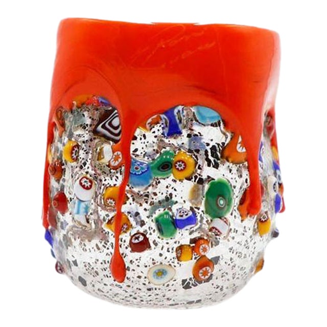 Millefiori Glass Tumbler, Dimpled Crumpled Glass Beaker, Burnt Orange For Sale