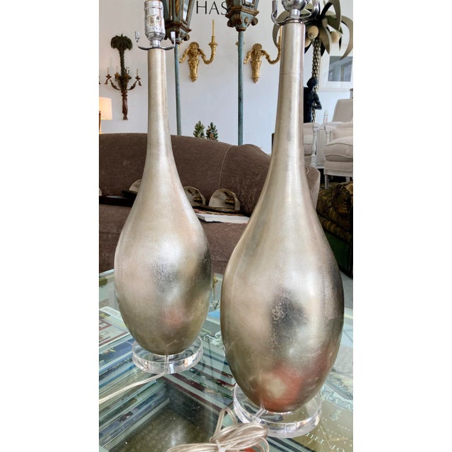 Modern Modern Antique Silver Leaf Table Lamps With Lucite Bases - a Pair For Sale - Image 3 of 12