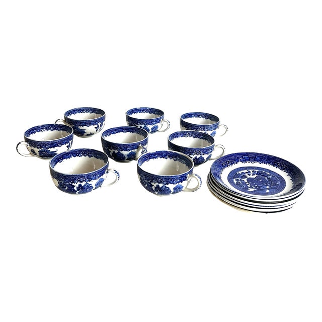 Antique 19th Century English Blue and White Transferware Cups & Saucers Set- 14 Pieces For Sale