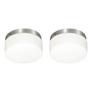 Pair of Mid-Century Cylindrical Milk Glass Flush Mounts W/ Brushed Aluminum For Sale