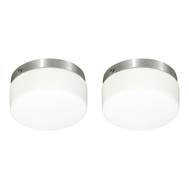 Pair of Mid-Century Cylindrical Milk Glass Flush Mounts W/ Brushed Aluminum For Sale