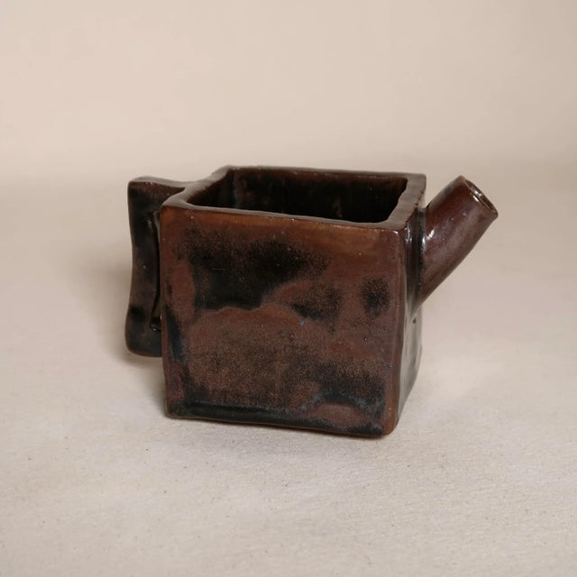 Handmade Studio Pottery Square Vessel With Pour Spout & Handle, Abstract Brutalist Form For Sale - Image 4 of 13