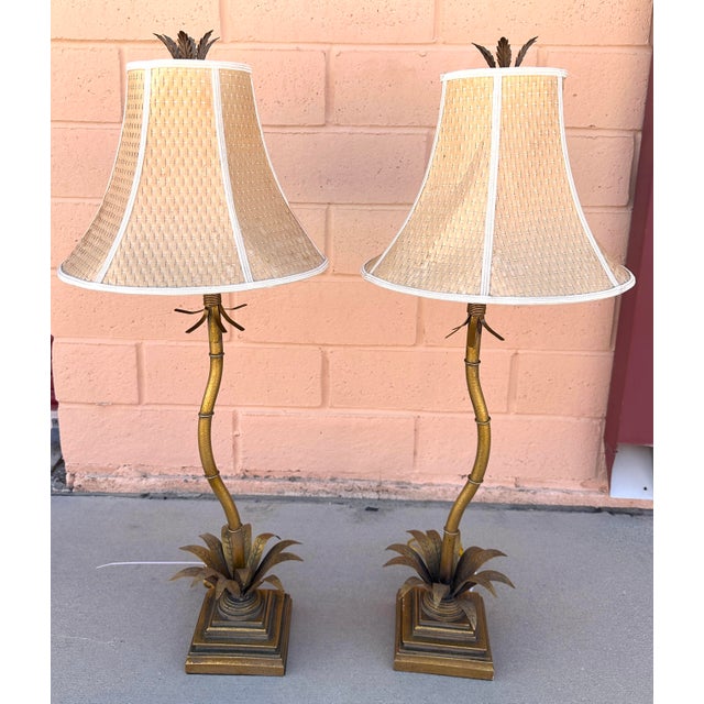 Chinoiserie Vintage Hollywood Palm Tree Gilded Gold Table Lamps - a Pair For Sale - Image 3 of 12