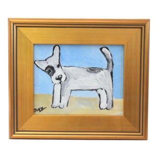 Fun Folk Art Doggie Dog Puppy Oil Painting Including the Gold Wood Frame For Sale