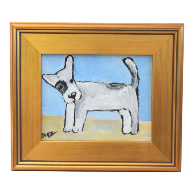 Fun Folk Art Doggie Dog Puppy Oil Painting Including the Gold Wood Frame For Sale