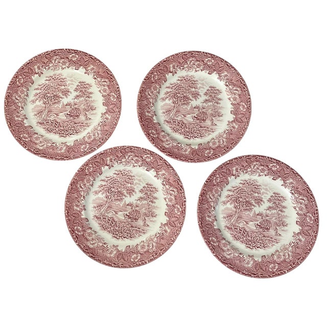 English Ironstone Tableware Kingswood Lunch or Dinner Plates. Pink. S/4. 9 5/8”. Made in England. Each plate features a...