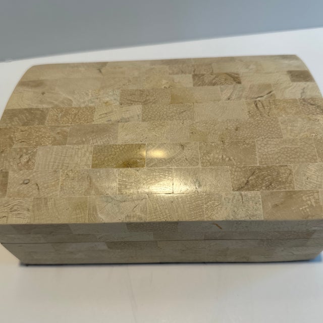 C. 1970s Maitland-Smith tessellated stone domed box with wood interior and fitted lid, one of the fitted interior edges is...