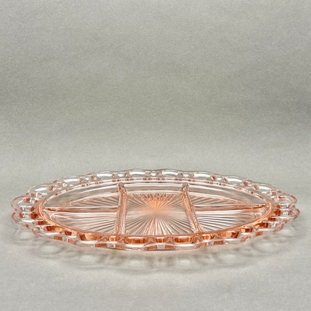 1930s Vintage Pink Anchor Hocking “Old Colony” Open Lace 5-Part Divided Relish Dish Platter For Sale - Image 5 of 8