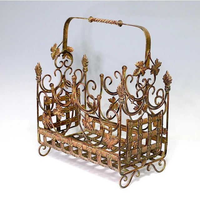 Rare Italian Wrought Iron Copper Gold Toned Magazine Stand With Rosettes and Leaves For Sale In Tampa - Image 6 of 7