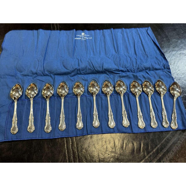 Set of 12 Mappin and Webb silver-plated dessert spoons, Russell pattern - L=18cm. This piece has an attribution mark, I am...