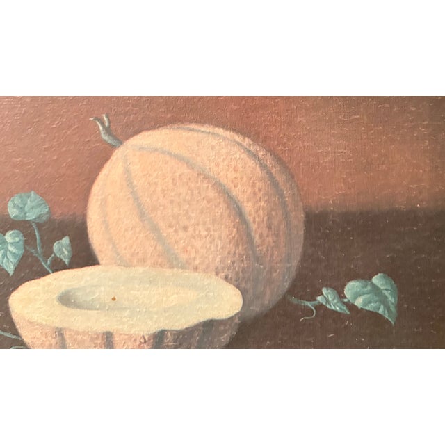 This still life. "Melon" is by the American painter Michael San Fratello. The piece depicts two melons, one whole and one...