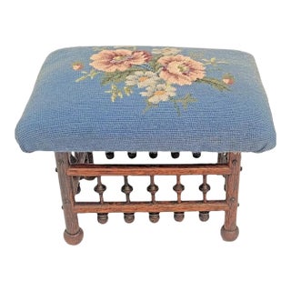 Victorian 1890s Stick and Ball Oak Footstool / Ottoman Floral Needlepoint For Sale
