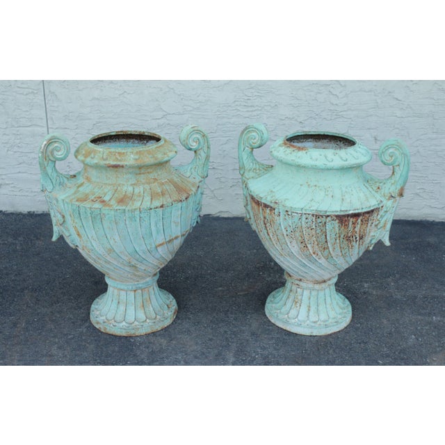 High Quality Pair of Large Cast Iron Garden Urns with Scroll Handles