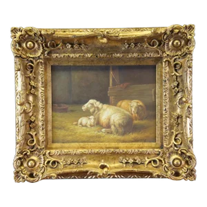 Enoch 20the Century Oil Painting on Canvas Resting Sheep in a Barn Rococo Frame 26"