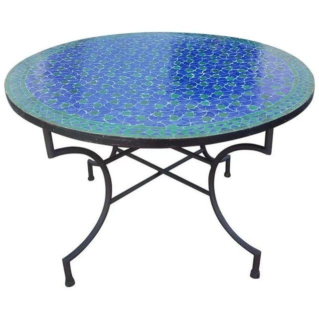 Metal 48" Moroccan Mosaic Blue and Green Round Table For Sale - Image 7 of 7