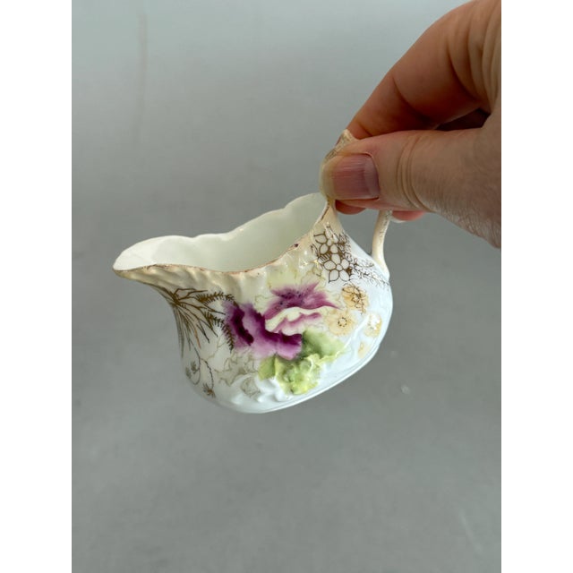 Antique Creamer Porcelain Transfer Ware Purple White Gilt Flowers For Sale - Image 4 of 9
