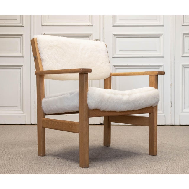 Oak Armchair with White Sheep Fur Upholstery by Hans J. Wegner, 1980s For Sale - Image 12 of 12