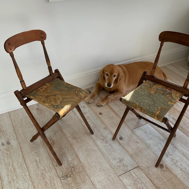 Antique Tapestry Folding Campaign Chairs - a Pair For Sale - Image 9 of 12