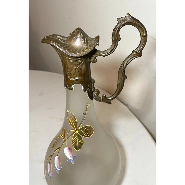 19th Century Antique 1800s Ornate Bronze Patinated Painted Frosted Glass Wine Claret Decanter For Sale - Image 5 of 12