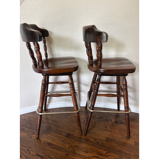 Ethan Allen Vintage Ethan Allen Old Tavern Swivel Bar Stools, Model 12-9505 – Pair For Sale - Image 4 of 12