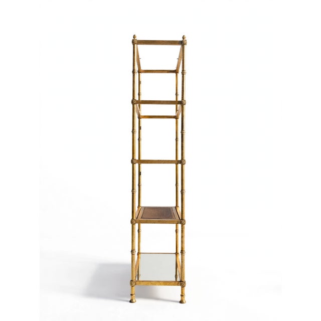 Vintage Italian Gold Gilt Faux Bamboo Étagère – Hollywood Regency Metal Bookcase With Smoked Glass & Cane Shelves For Sale - Image 6 of 9