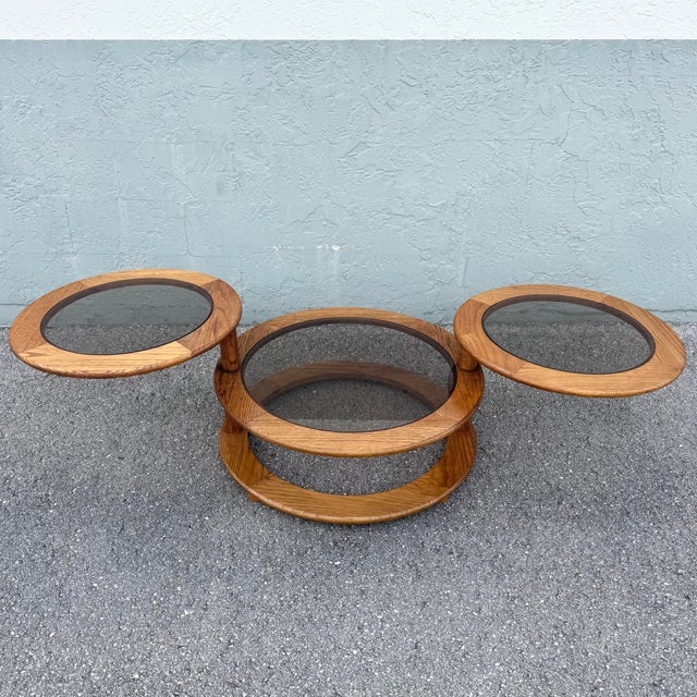 Mid Century Modern Three Tier Oak and Smoked Glass Swivel Coffee Table For Sale In West Palm - Image 6 of 10