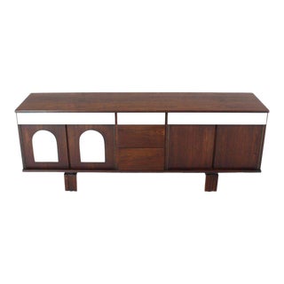 Two-Tone White Lacquer Oiled Walnut Low Long Credenza Dresser Cabinet For Sale