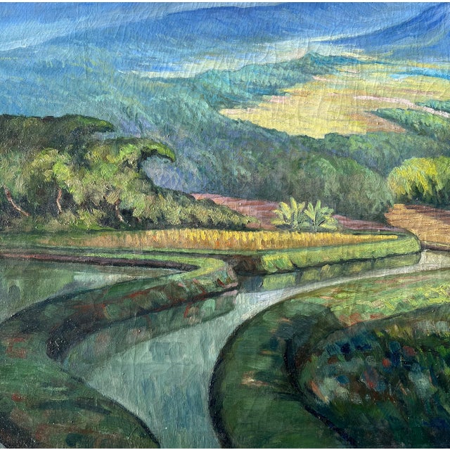 1930's Tropical Landscape Oil on Canvas in Original Frame "Rice Fields on Bali" For Sale - Image 4 of 9