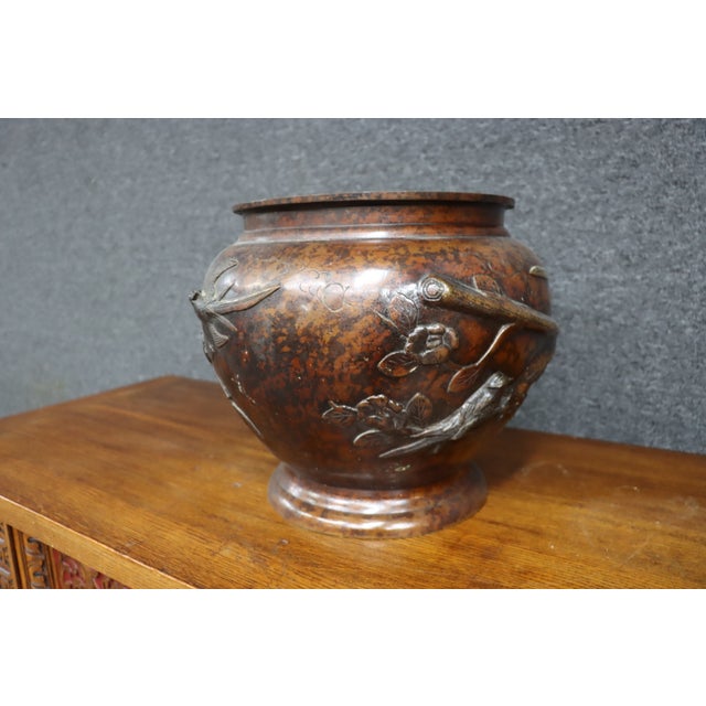 Japanese Bronze Jardinière With Bird and Floral Relief For Sale - Image 9 of 11