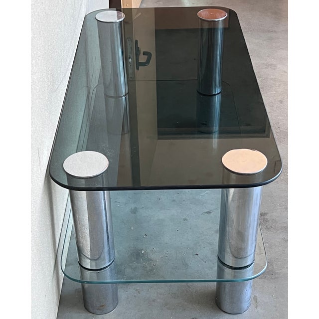 Metal Mid-Century Modern Tubular Chrome Two Tier Coffee Table With Smoked Glass Top For Sale - Image 7 of 9