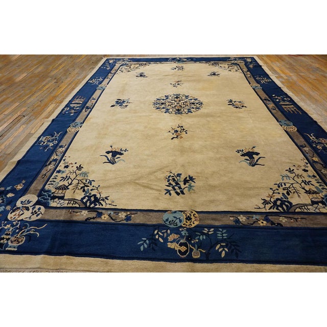 1920s Rectangle Beige Field Vase Medallion Antique Chinese Peking Knotted Rug For Sale - Image 4 of 5