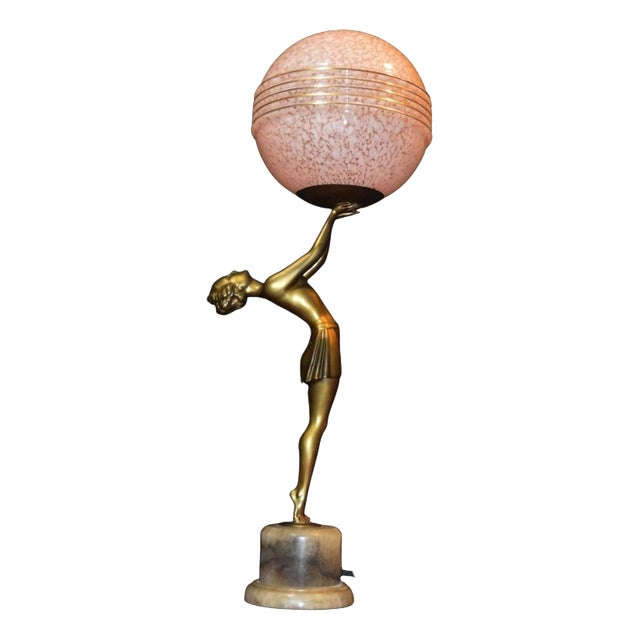 Art Deco French Figural Dancer Table Lamp with Glass Globe, 1930 For Sale