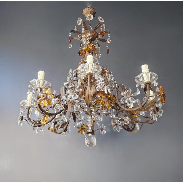 1950s Amber Crystal Glass Brass Flower Chandelier For Sale - Image 6 of 13