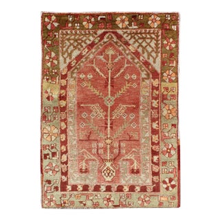 Antique Oushak Rug From Turkey With Directional Tribal Motifs in Soft Rose Red & Green For Sale