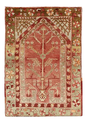 Antique Oushak Rug From Turkey With Directional Tribal Motifs in Soft Rose Red & Green
