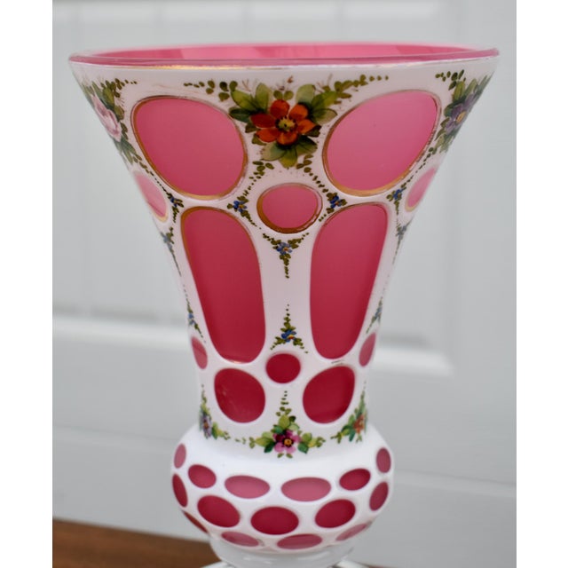Vintage Pair of Moser? Bohemian Cased Glass Cranberry & White Hand Painted Vases For Sale - Image 10 of 13