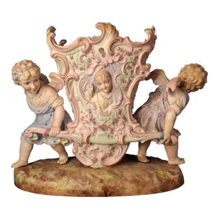 Antique Heubach Bisque Porcelain Centerpiece Cherub Figural Large Vase Mold 173 For Sale