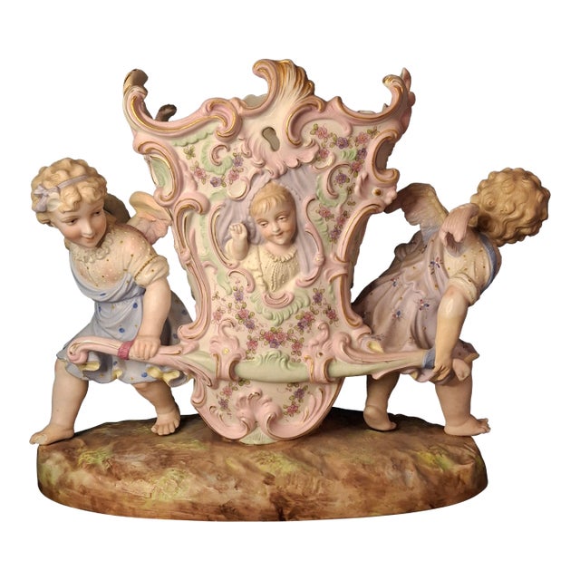 Antique Heubach Bisque Porcelain Centerpiece Cherub Figural Large Vase Mold 173 For Sale