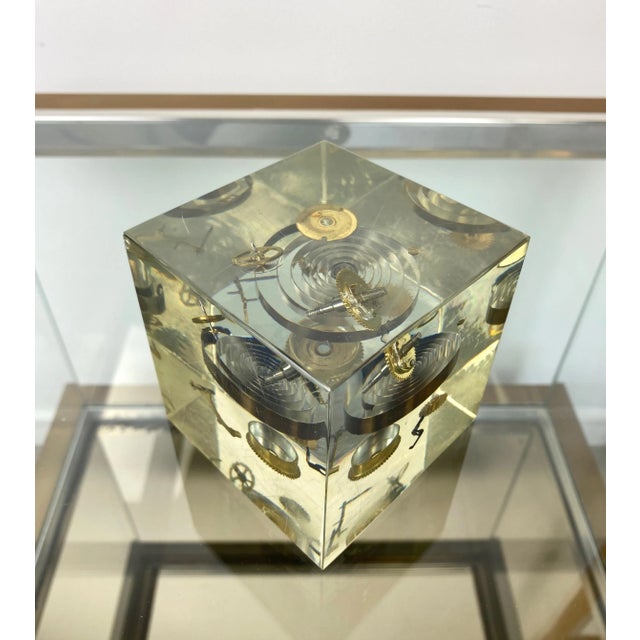 Acrylic Paperweight Cube Sculpture With Clock Parts by Pierre Giraudon, 1970s For Sale - Image 8 of 13
