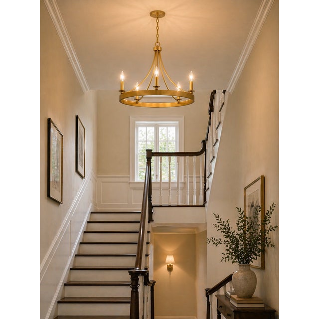 Early 21st Century 5-Light Light Gold Ring Chandelier, 26" Round, Minimalist Modern Lighting For Sale - Image 5 of 8