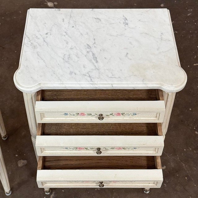 Late 20th Century Pair French Louis XVI Painted Side Tables ~ Nightstands With Carrara Marble For Sale - Image 17 of 18