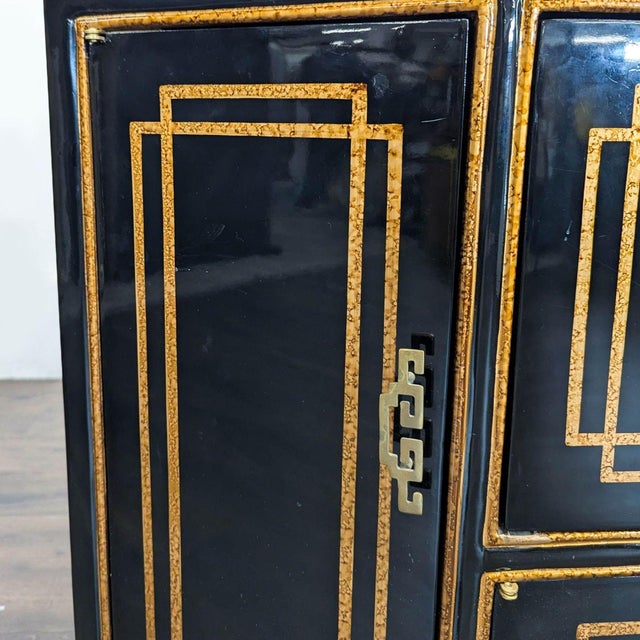 Wood Black Lacquer Chinoiserie Hollywood Regency Credenza With Gold Detailing For Sale - Image 7 of 7