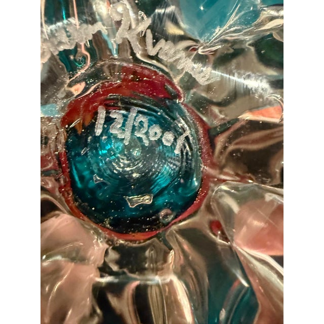 Glass Signed Studio Art Glass Vase Teal and Flame Spatter Pulled Foot 2001 For Sale - Image 7 of 8