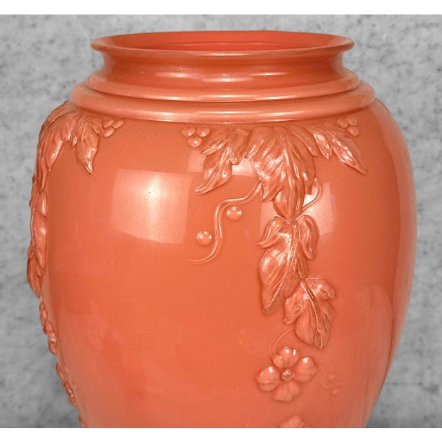 Mid 20th Century Vintage Art Nouveau Floral Vine Embossed Rose Pink Glass Vase - 16" For Sale - Image 5 of 7