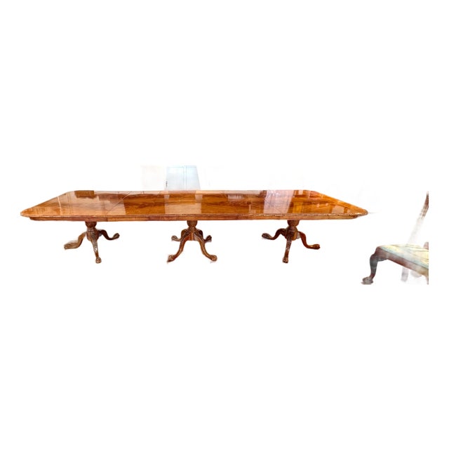 Late 20th Century Grand Chippendale-Style Mahogany Triple-Pedestal Dining Table, 12 Ft. For Sale