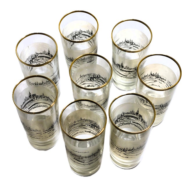 Mid-Century Modern Vintage Gold Rim European Cityscape Highball Glasses – Set of 8 Schweinfurt Frosted Mid-Century Barware For Sale - Image 3 of 12